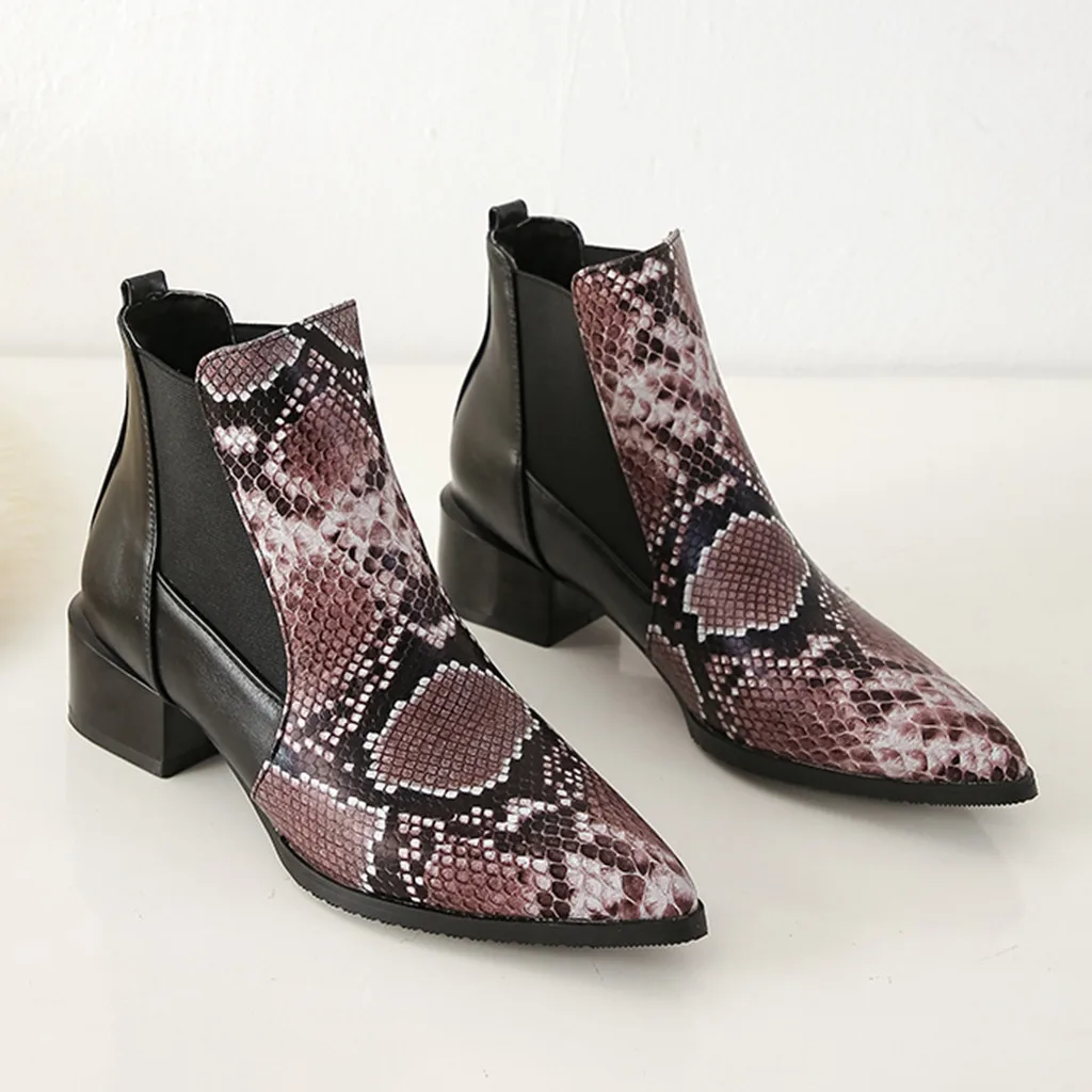 Женские ботинки в стиле ретро со змеиным узором с острым носком пэчворк женские