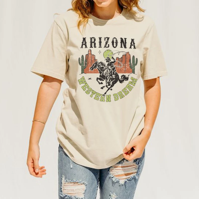 Arizona Cowboy Desert Cactus Graphic T Shirts Retro Western Cowgirl Women's T-Shirt Ladies Loose Short Sleeve Vintage Shirt Top