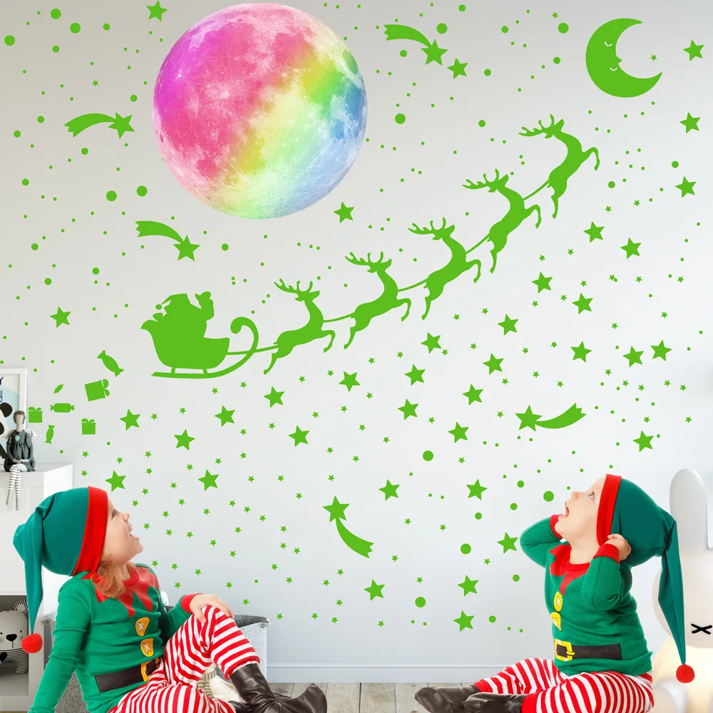 

Zollor DIY Rainbow Color Moon Deer Carriage Luminous Wall Sticker Christmas Home Glowing Fluorescent Stickers Decoration