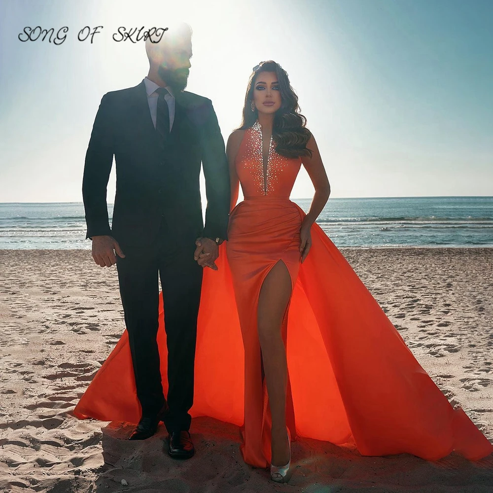 

Элегантное яркое оранжевое блестящее женское официальное платье с V-образным вырезом для выпускного вечера элегантные платья для женщин