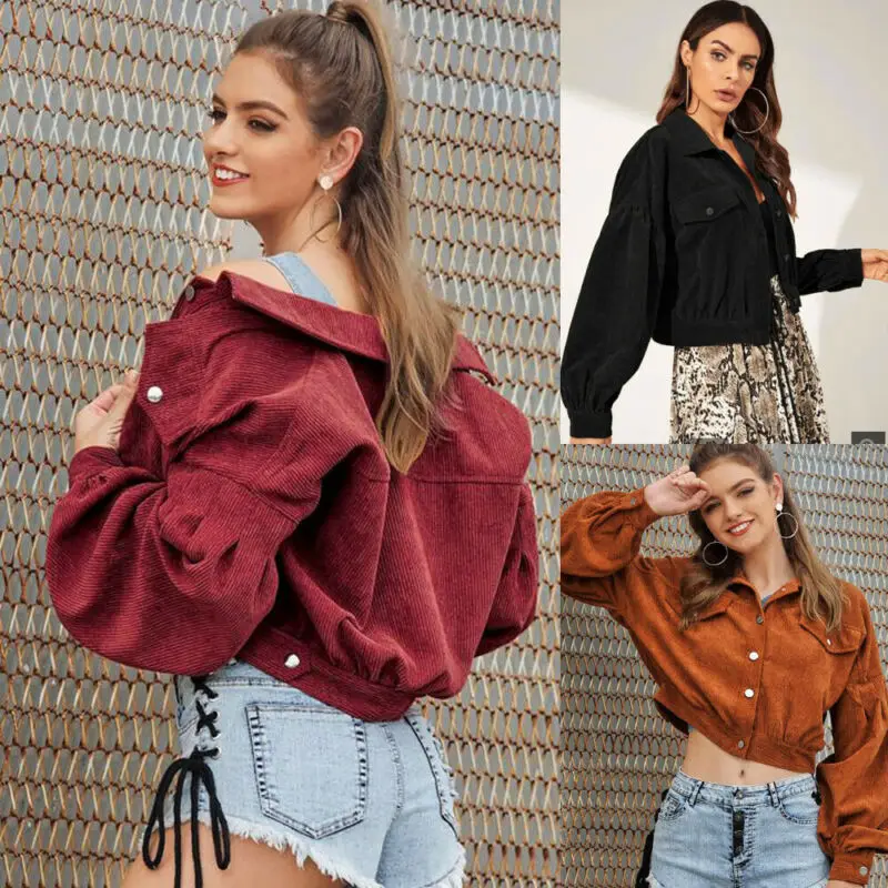 

Sexy Corduroy Jacket Short Women Autumn Winter Outerwear Streetwear Long Sleeve Button Crop Vintage Casual Loose Jacket Coats