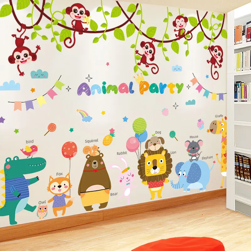 

[SHIJUEHEZI] Cartoon Animals Wall Stickers DIY Monkeys Vines Mural Decals for Kids Rooms Baby Bedroom Nursery Home Decoration