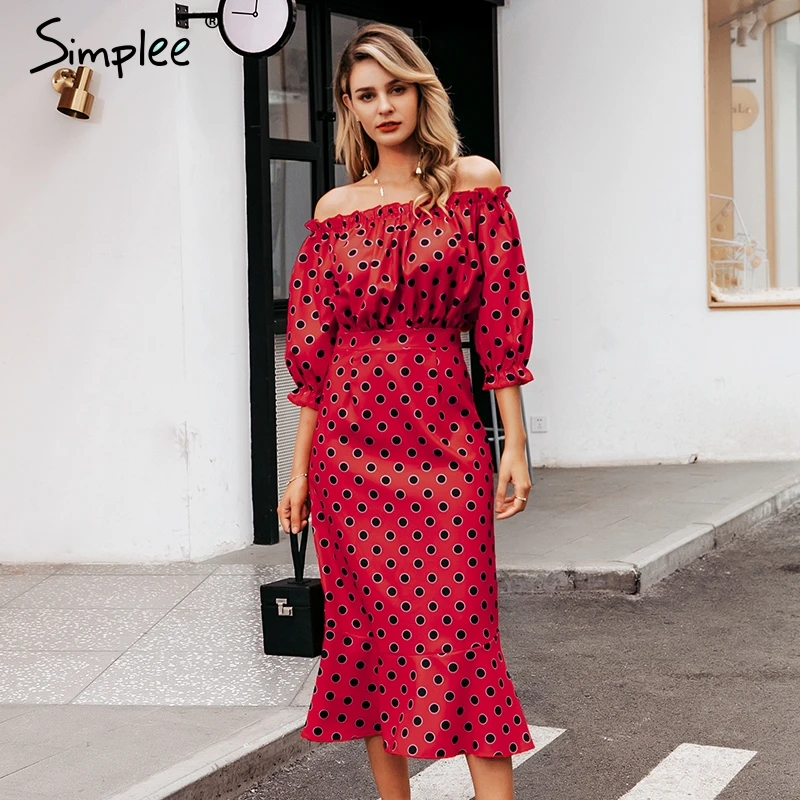 Simplee сексуальное платье с открытыми плечами длинное узкое в горошек для женщин