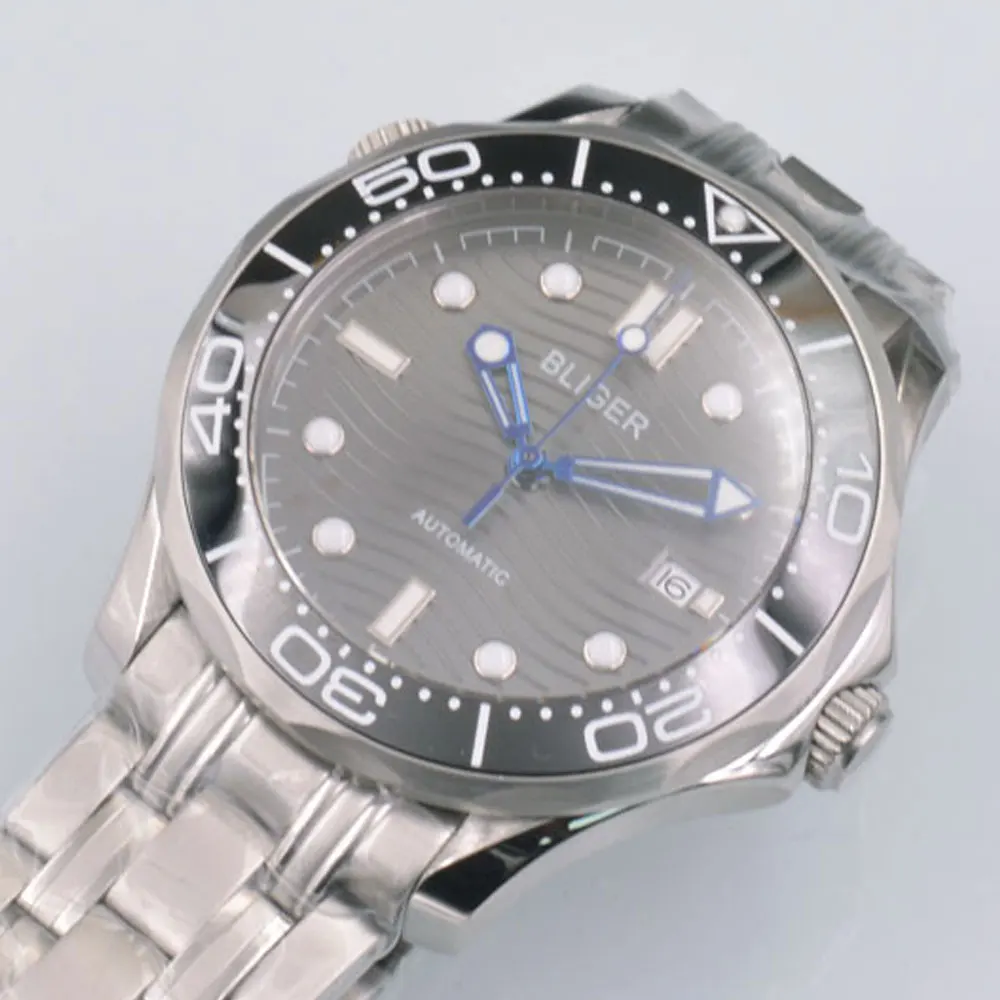 Bliger 41 мм черный циферблат Дата Синяя рука сапфировое стекло автоматический