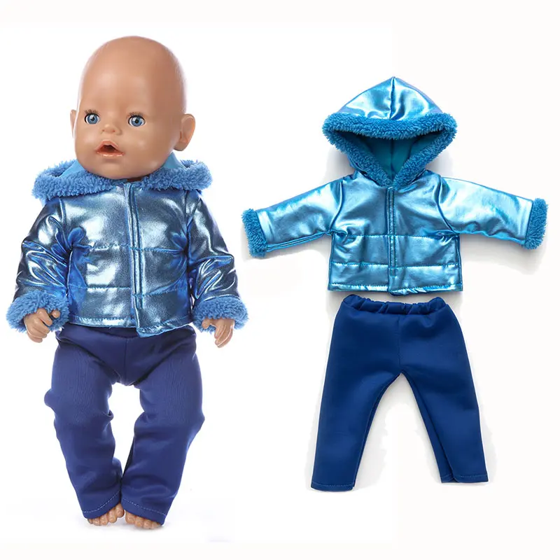 

2021 New Baby New Born Fit 18 inch Doll Clothes Accessories Blue Down Jacket Plush One-piece Suit For Baby Birthday Gift