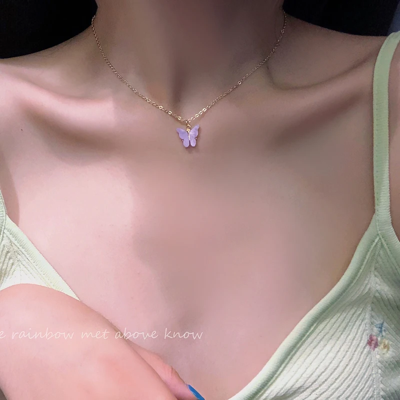 Kpop акриловое ожерелье с бабочкой Женская Золотая цепочка изящное белое женское