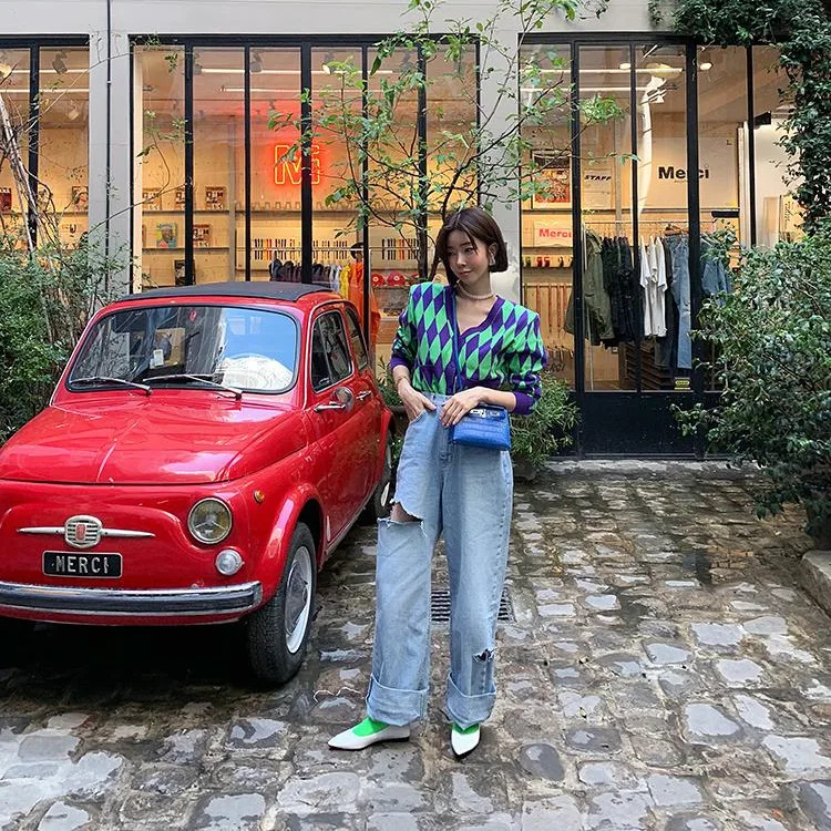 Прямые женские джинсы с потертостями X2 высокой талией и низким вырезом прямые