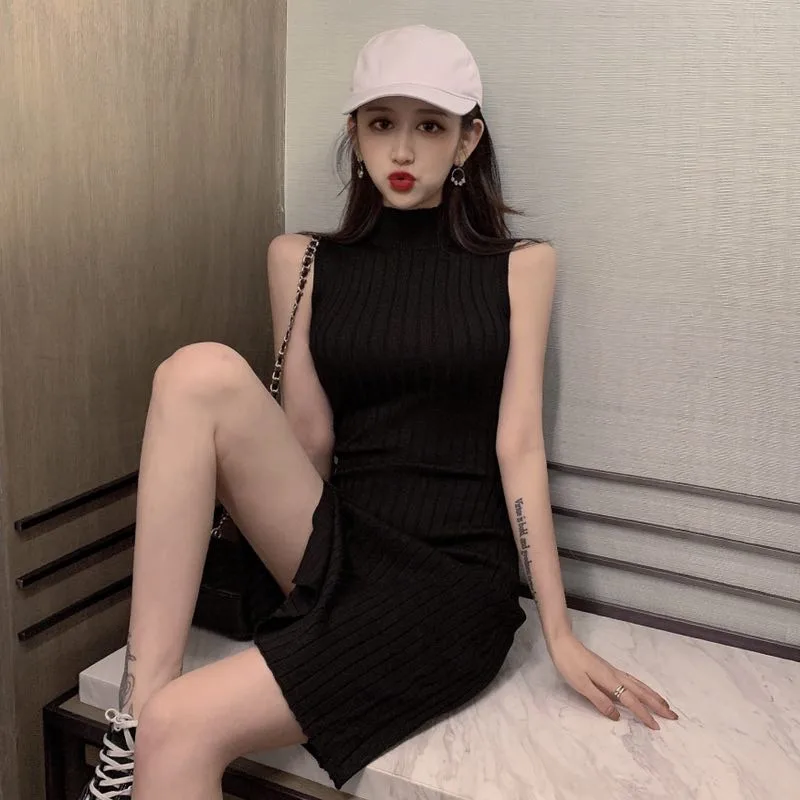 Модное сексуальное тонкое вязаное женское платье с разрезом и круглым вырезом
