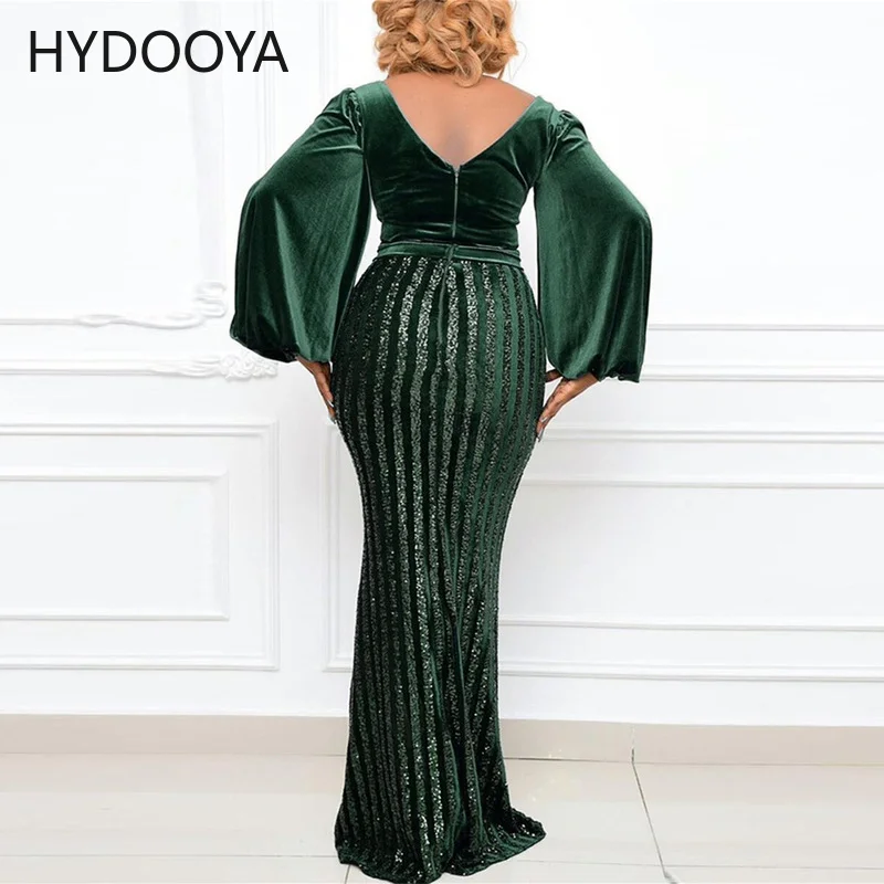 Plus Size Dress for New Year 2022 Women Clothing Green Lantern Sleeve High Split Sequin Party Maxi Dress Dropshipping Wholesale