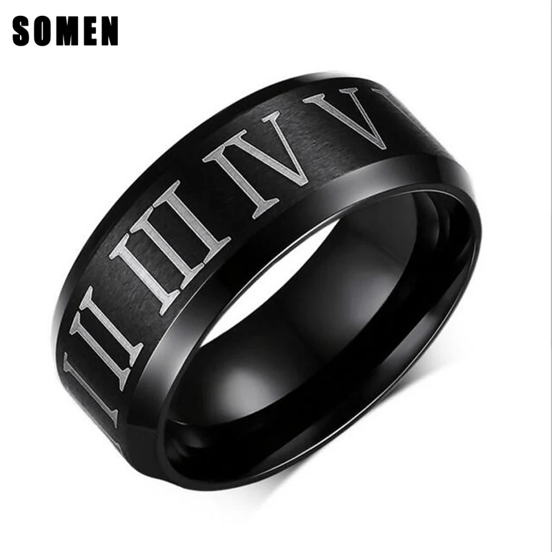 

8mm Black Titanium Steel Ring Surface Engraving Roman Number For Men Engagement Rings Wedding Band Fashion Jewelry Bague Homme