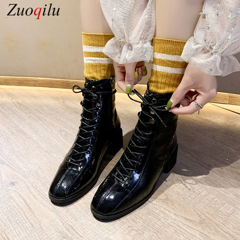 Retro Lace Up Motorcycle Boots Patent Leather women shoes ladies boots black Martin Boot Low Heel Short Cowboy Shoes |