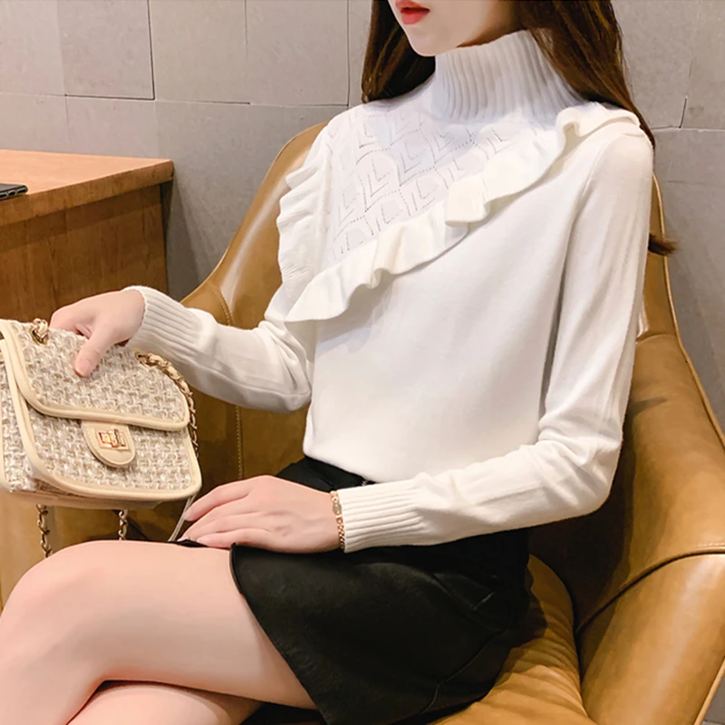 

LUKAXSIKAX 2020 New Autumn Winter Women Half Turtleneck Sweater High Quality Ruffles Slim Knitted Pullover Sweater