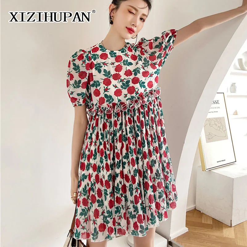 

XIZIHUPAN Print Sweat Dress For Women High Waist Short Sleeve Mini Ruched Floral Dresses Female Summer Fashion New 2021 Tide