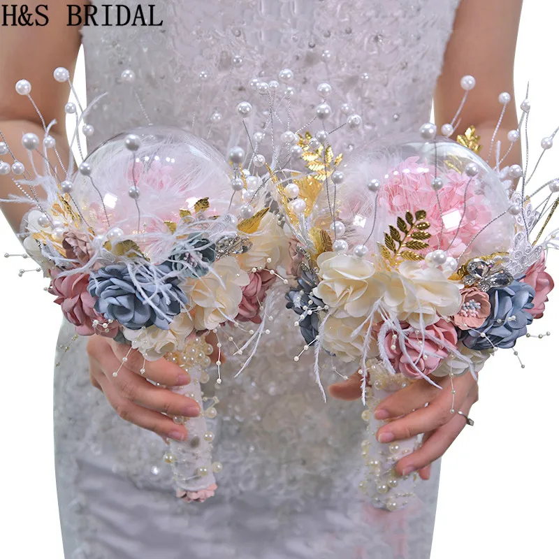 Свадебный букет с перьями H & S золотые броши розовая Свадебная искусственная