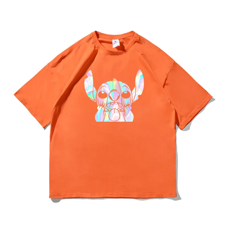 

Disney 2021 new stitch Angel little monster T-shirt high street laser reflective printing men's T-shirt loose short sleeves