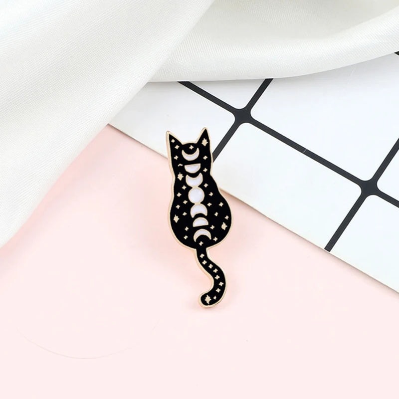 Черная ведьма кошки эмалированная булавка пользовательский фаза Луны