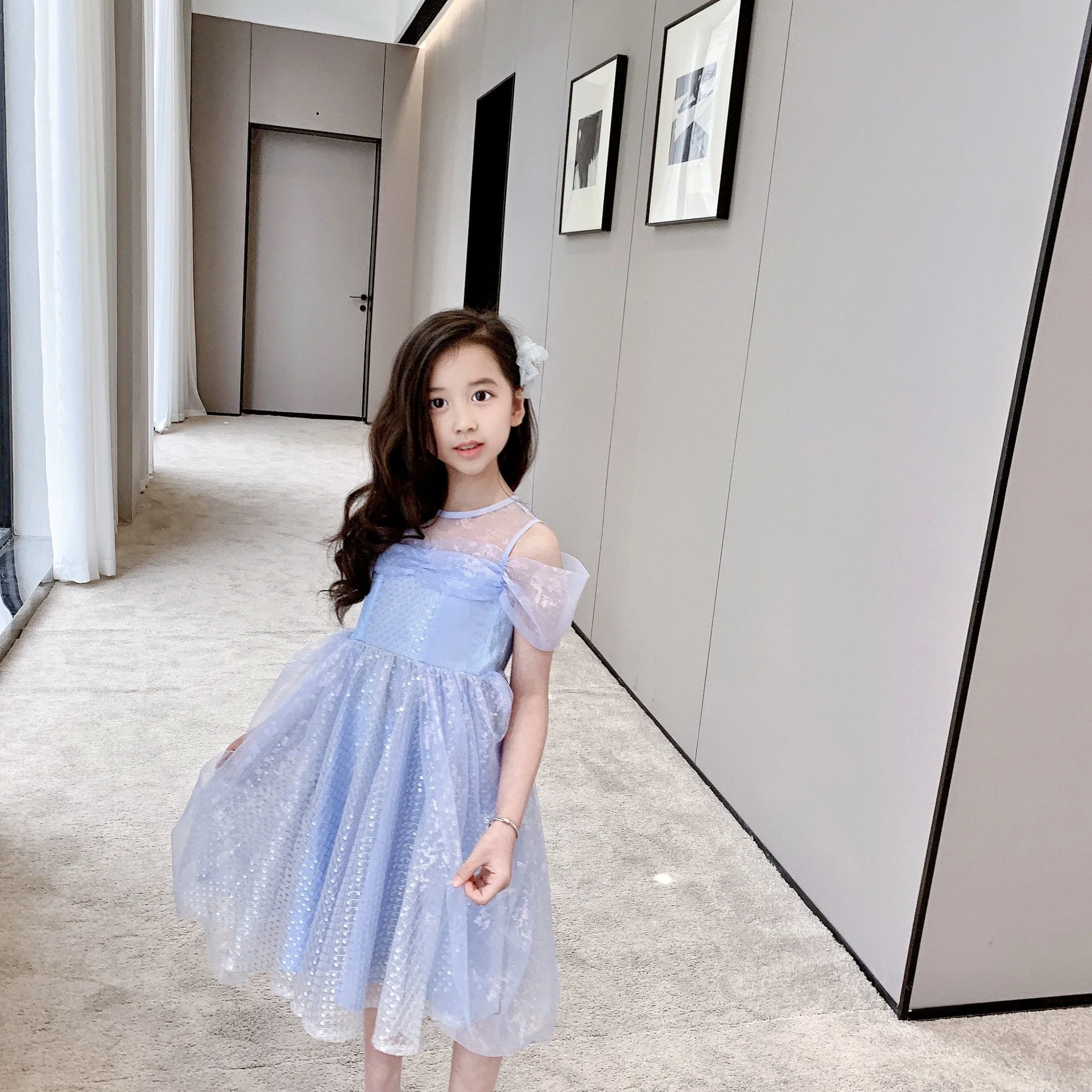 

2021, детское платье, блестящие Летние Детские платья синего цвета, милая детская одежда