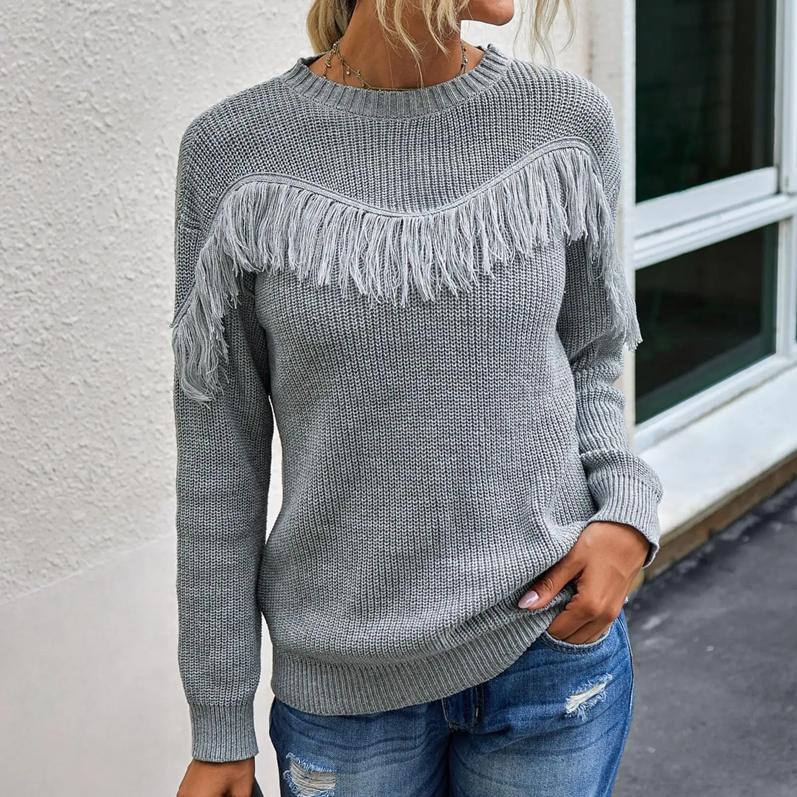 

Fashion Women Autumn Solid Color Long Sleeve Pullover Tassel Knit Sweater Jumpers