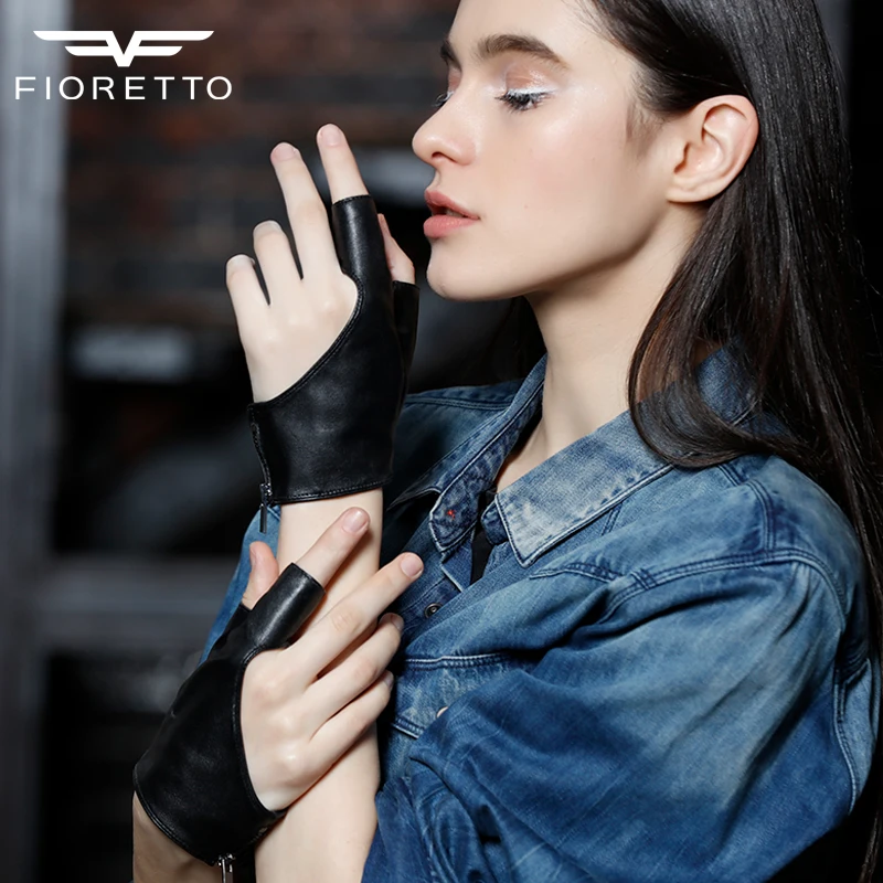 Fioretto модные женские туфли кожаные перчатки без пальцев Половина Finger Punk танца перчатки 2-палец опера серый черный перчатки для вождения