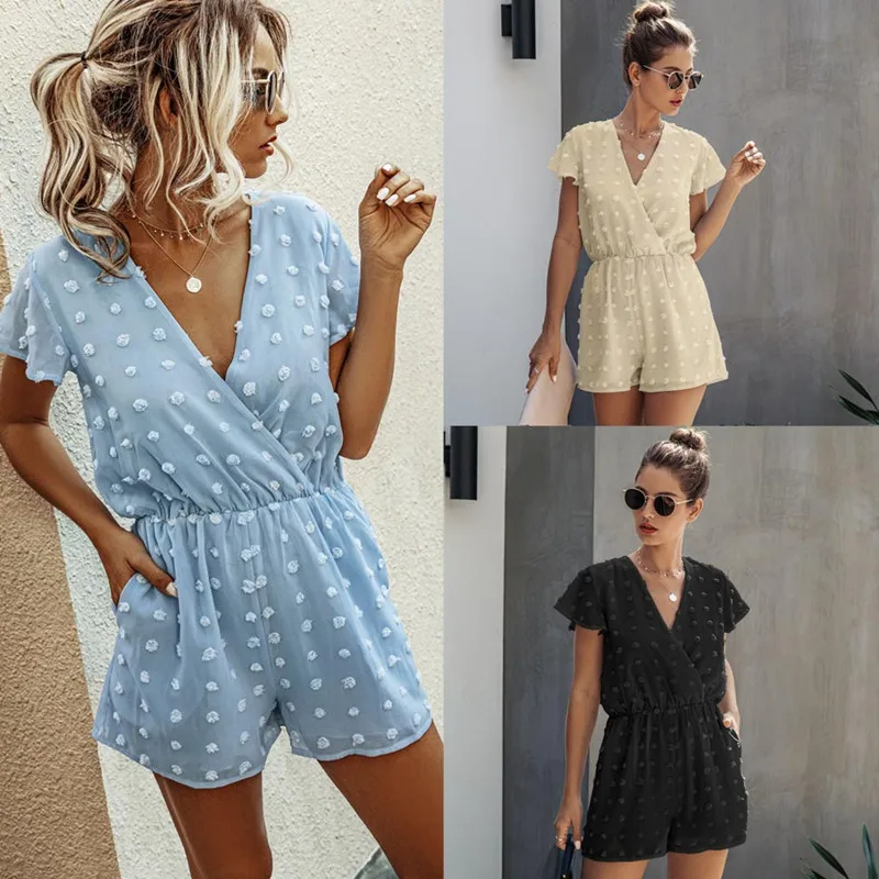 

Casual Elegant Women Playsuits 2020 Summer V-neck Dot Appliques Loose Playsuits Plus Size