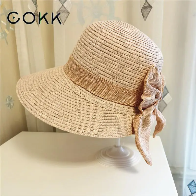 COKK летние шляпы для женщин с большими широкими полями соломенная шляпа от солнца с бантиком на открытом воздухе пляжная туристическая Солн...