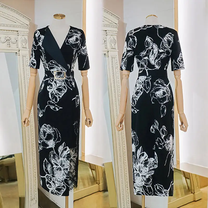 

National style printed chiffon dress women's summer waist mid length splicing lace skirt fashion