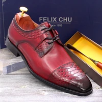 big size 13 mens wedding dress shoes genuine leather derby red brown snake print pointed cap toe party formal suit shoes for men