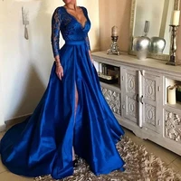 2022 royal blue plus size prom dress sexy v neck lace long sleeve split formal party gowns arabic dubai robe de soiree