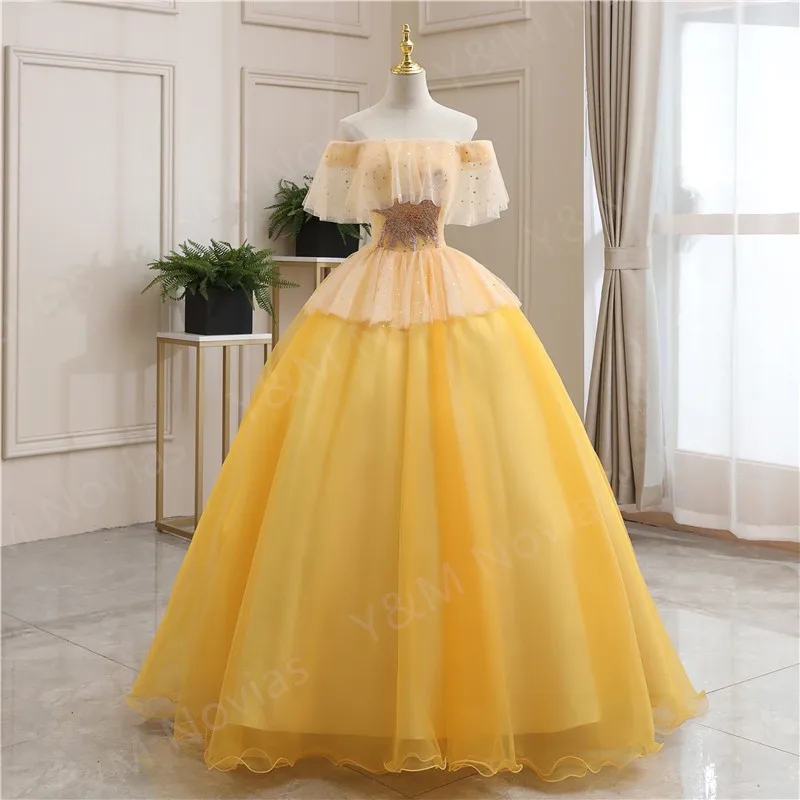 

Y&M Novias New Quinceanera Dresses Elegant Off the Shoulder Party Prom Yellow Quinceanera Gown Vestido Shiny lace Sequnied Plus