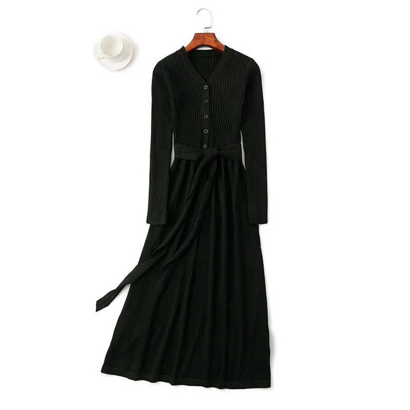 

autumn winter v-neck maxi sweater dress women OL female long sweater dress with belt elegant a-line solid slim dress