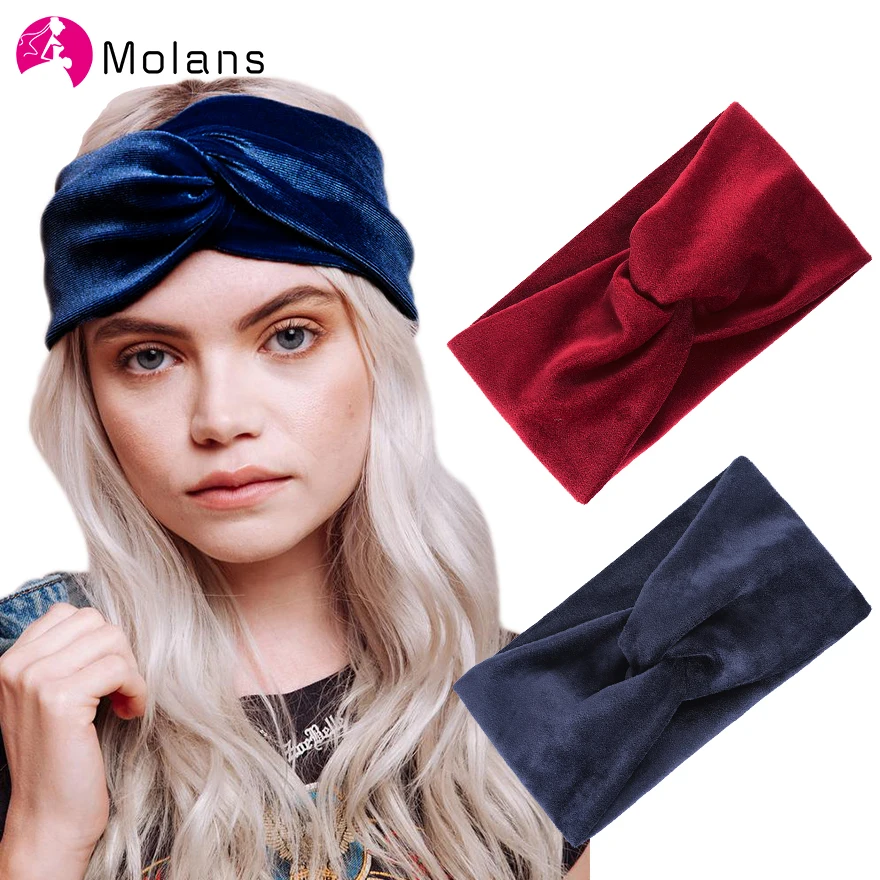 Женская бархатная повязка на голову Molans мягкая однотонная эластичная с узлом