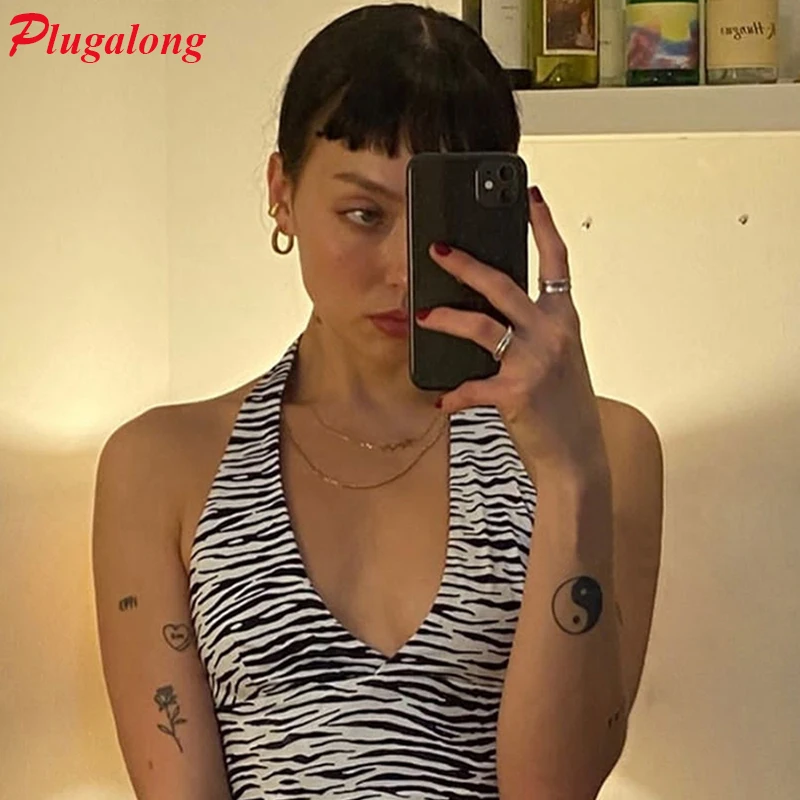 Женский топ с принтом зебры Plugalong облегающий лямкой на шее и круглым вырезом
