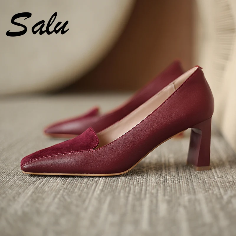 

Salu 2021 Spring Genuinw Leather Women's Shoes Square Toe Professional Party Women's High-heel Pumps Fashion Single Shoes Women