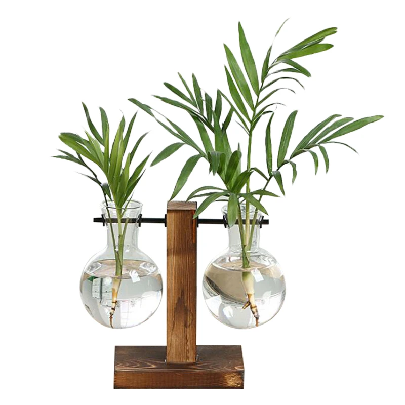 

2022 Hydroponic Plant Vase Transparent Glass Container Hanging Fish Tank Wooden Frame Desktop Plant Home Bonsai Decoration