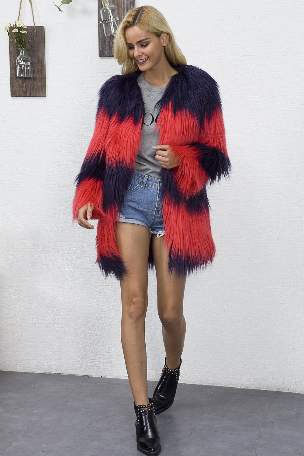 S/3XL женские разноцветные зимние осенние длинные пальто из искусственного меха с v-образным вырезом большого размера женские Лоскутные поддельные меховые пальто повседневные топы K1169