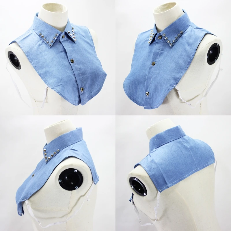 Женская джинсовая голубая полурубашка с имитацией воротника и серебряными