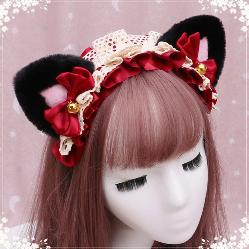 

Anime Lolita Cosplay Animal Headband Cute Plush Cat Ears Ruffled Lace Ribbon Bowknot Bell Hair Hoop Masquerade Headpiece