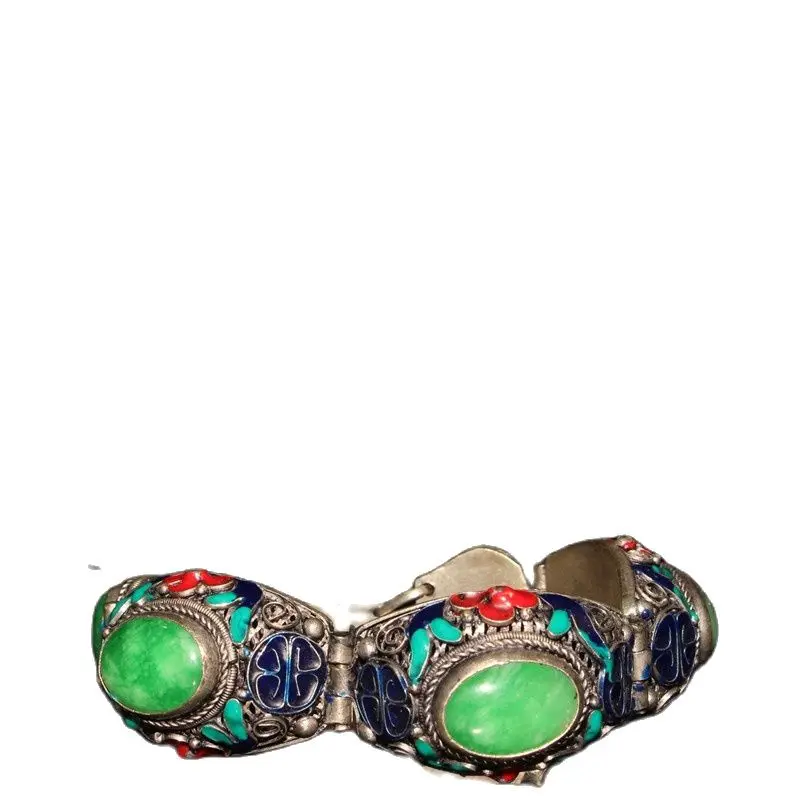 

Chinese Old Craft Made Old Tibetan Silver Cloisonne Inlaid Silk Bracelet