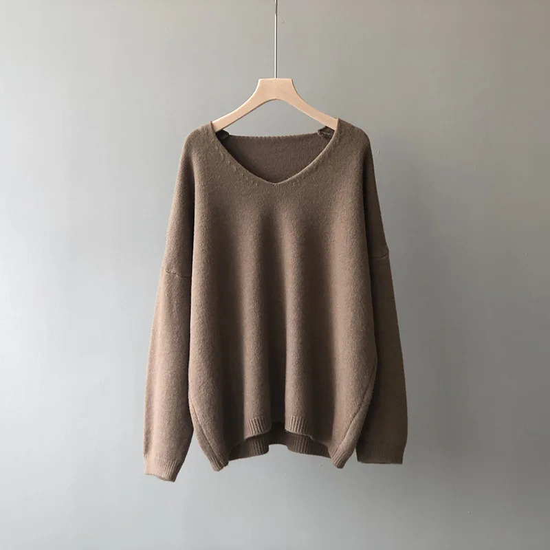 

2020 Women's Solid Color Sweater New Autumn Winter Style Version Oversized V Neck Pullover Base Knitted Tops Female For Fashion
