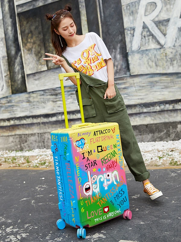 Super Fashion Doodle Suitcase Spinner Aluminum Frame Hardside Travel Suitcase On Wheel Travel Bags Trolley Luggage Bag 20