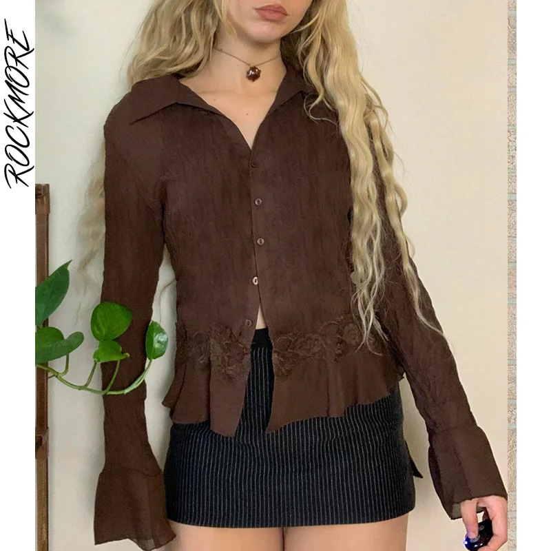 

Rockmoer Lace Frill Shirts Women Vintage Long Sleeve Blouse Autumn Harajuku Casual Button Tops Cardigan Female Grunge Fairycore