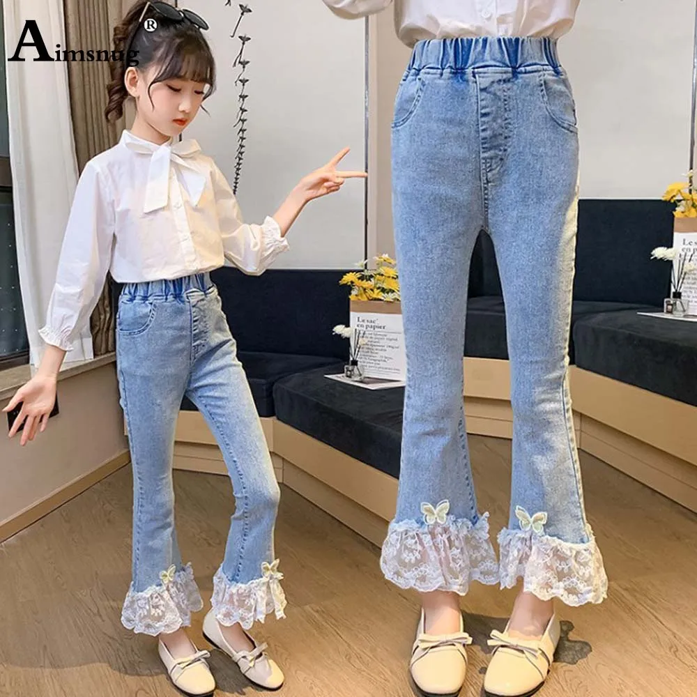 

Kids Demin Clothes Baby Girls Elastic Waist Boot Cut Pants Streetwear Autumn 2021 Patchwork Lace Trouses Children Jeans Pantalon