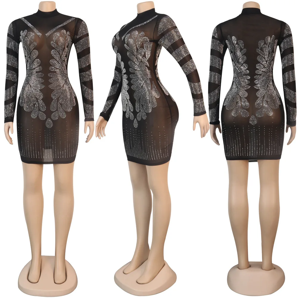 Женское платье с длинным рукавом и стразами модное прозрачное Сетчатое