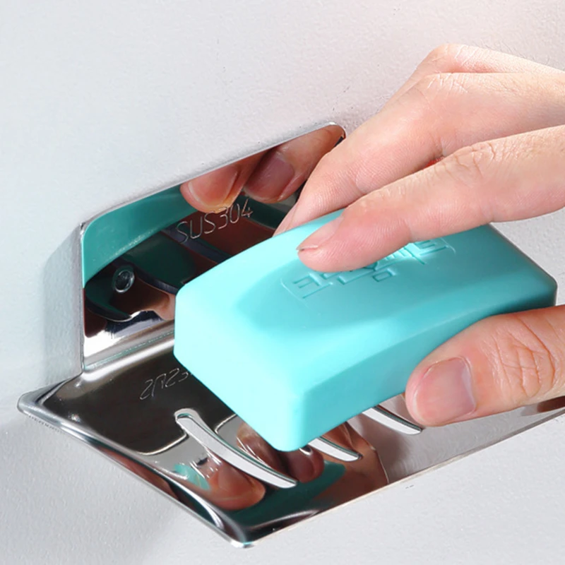 

Soap Box Drainable Soap Dish 304 Stainless Steel Wall-Mounted Soap Holder Hole-Free Creative Hand Sanitizer Holder