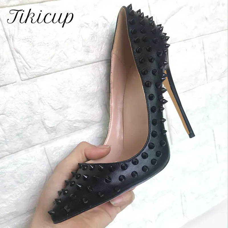 

Tikicup Full Spikes Women Sexy Pointy Toe High Heels Fashion Ladies Slip On Stilettos Pumps 12/10/8cm Customize Dress Shoes