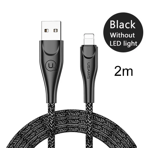 Black No LED 2m USAMS USB кабель для освещения кабель для iPhone 2 м 2.4A кабель передачи данных для быстрой зарядки для iPhone 7 8X6 6s plus 5 SE 5S зарядное устройство - Цвет: Black No LED 2m