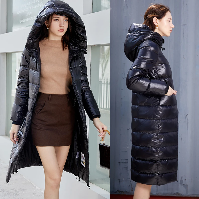 LUZUZI женский зимний пуховик черная блестящая Толстая теплая куртка на белом