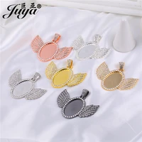 10pcs oval cabochon pendant base angel wings charms rhinestone bezel blank tray for diy necklaces jewelry making accessories