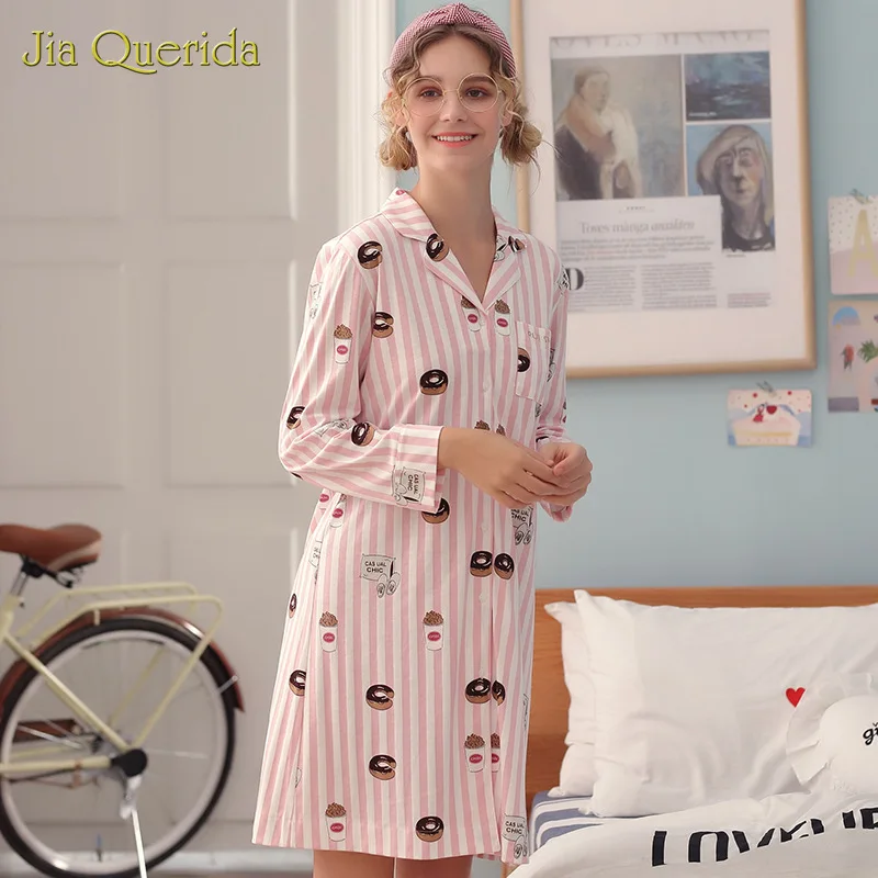 Kawaii для девочек, розовая одежда для сна хлопковый комбинезон для постели отворот трусы принт с героями мультфильмов, ночная одежда из хлопка на пуговицах Для женщин ночные рубашки для девочек