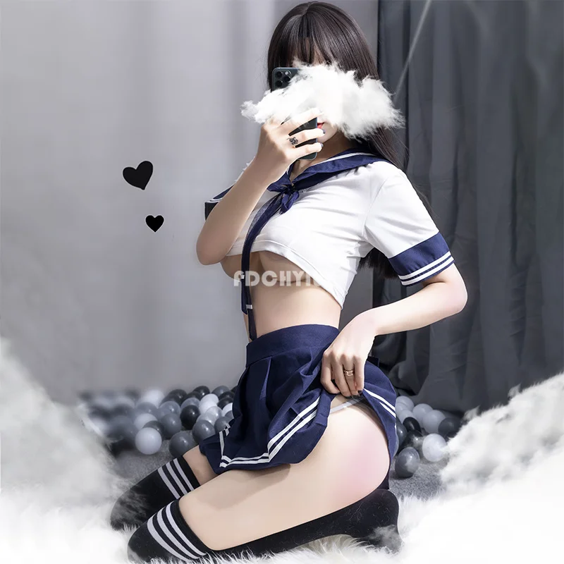 

Women Sexy Lingerie set sailor Anime School Girl outfit Erotic Short top see through cosplay costumes Top and Mini Skirt